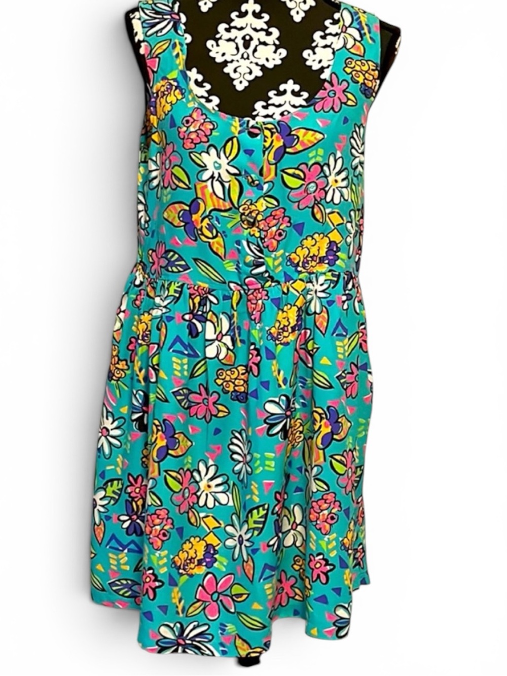 Summer floral sleeveless sundress teal yellow and pink beach swimsuit coverup